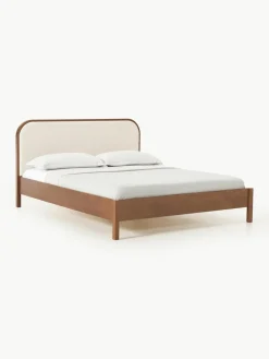 Houten bed Jones met hoofdeinde van bouclé