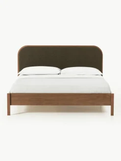 Houten bed Jones met hoofdeinde van bouclé