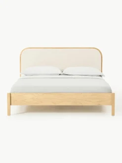 Houten bed Jones met hoofdeinde van bouclé
