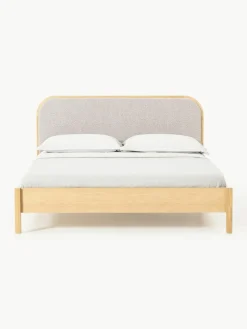 Houten bed Jones met hoofdeinde van bouclé