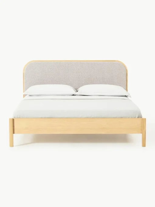 Houten bed Jones met hoofdeinde van bouclé