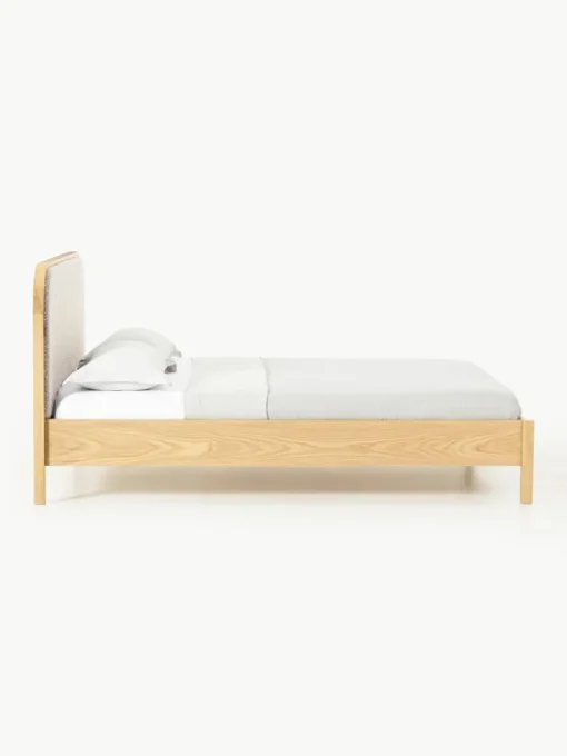 Houten bed Jones met hoofdeinde van bouclé