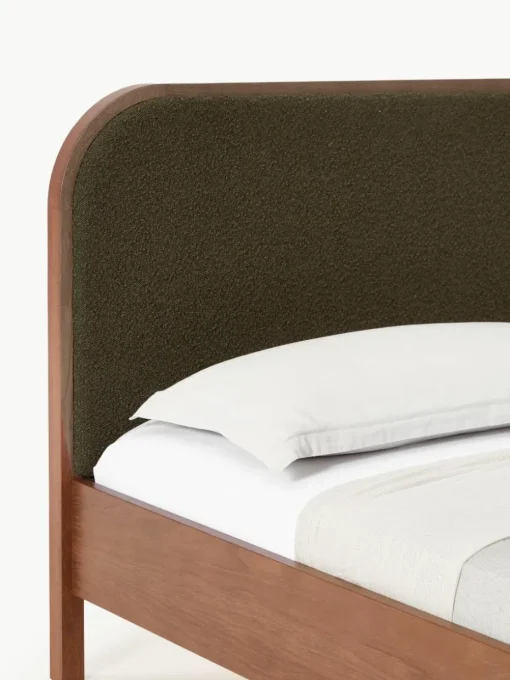 Houten bed Jones met hoofdeinde van bouclé