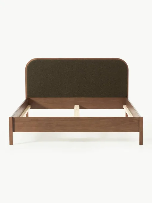 Houten bed Jones met hoofdeinde van bouclé