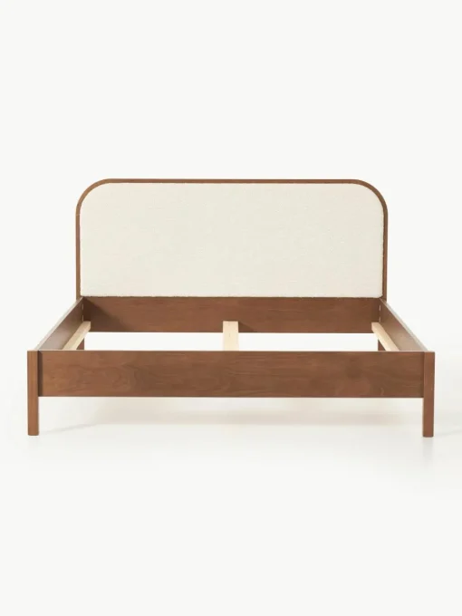 Houten bed Jones met hoofdeinde van bouclé