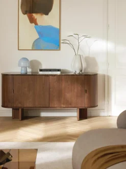Houten dressoir Zumi met afgeronde hoeken en gemarmerd tafelblad