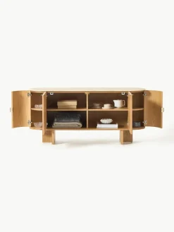 Houten dressoir Zumi met afgeronde hoeken en travertijn blad
