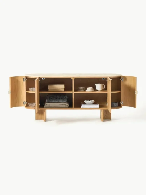 Houten dressoir Zumi met afgeronde hoeken en travertijn blad