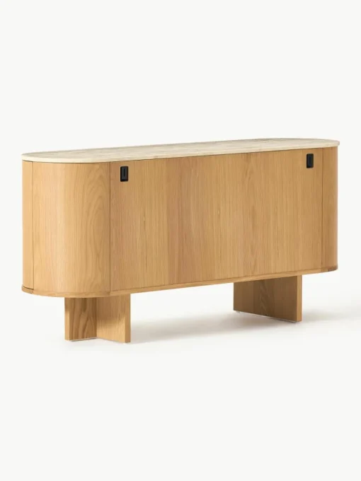 Houten dressoir Zumi met afgeronde hoeken en travertijn blad