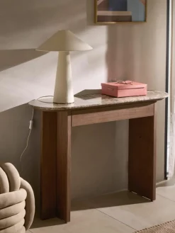 Houten wandtafel Zumi met marmeren blad en lade