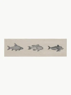 Linnen tafelloper Fish, handgedrukt