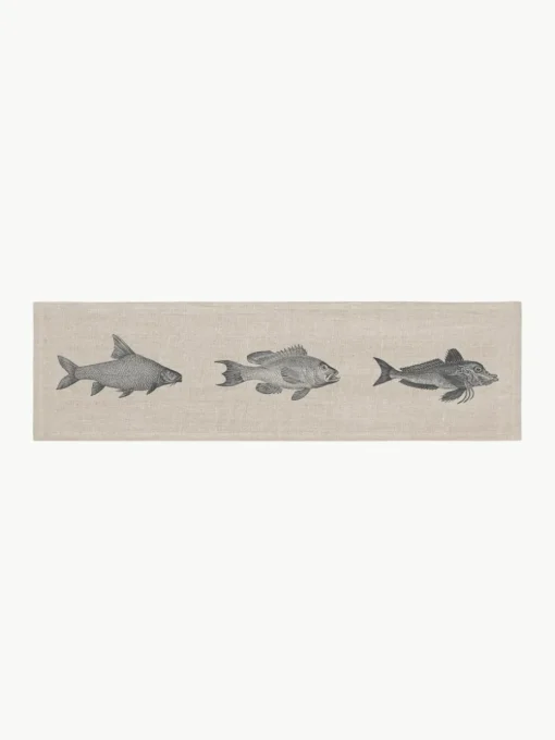 Linnen tafelloper Fish, handgedrukt
