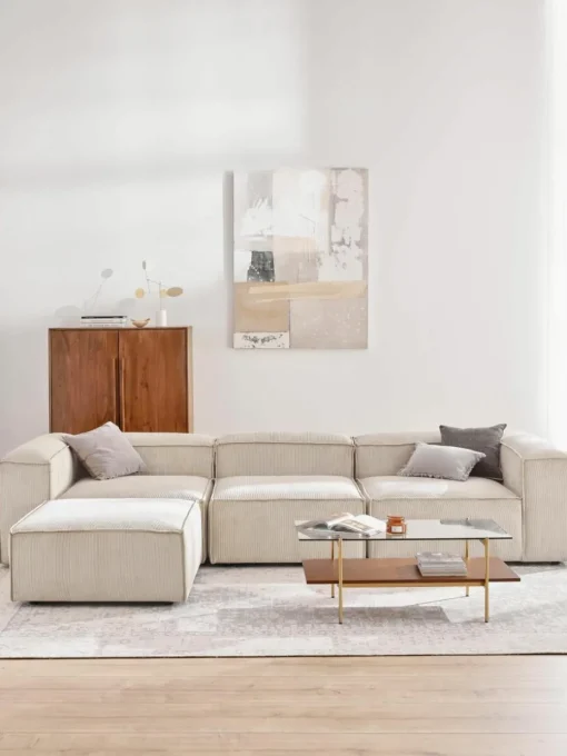 Modulaire bank Lennon (4-zits) van corduroy met poef (links/rechts)