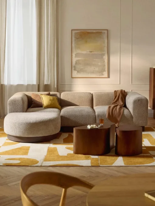 Modulaire bank Natalie (3-zits) van teddy-bouclé met poef