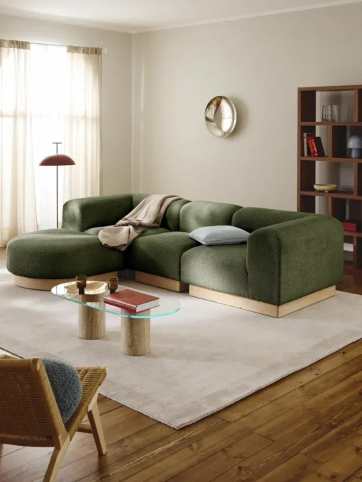 Modulaire bank Natalie (3-zits) van teddy-bouclé met poef