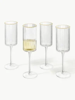 Mondgeblazen champagneglazen Aleo met goudkleurige rand, 4 stuks