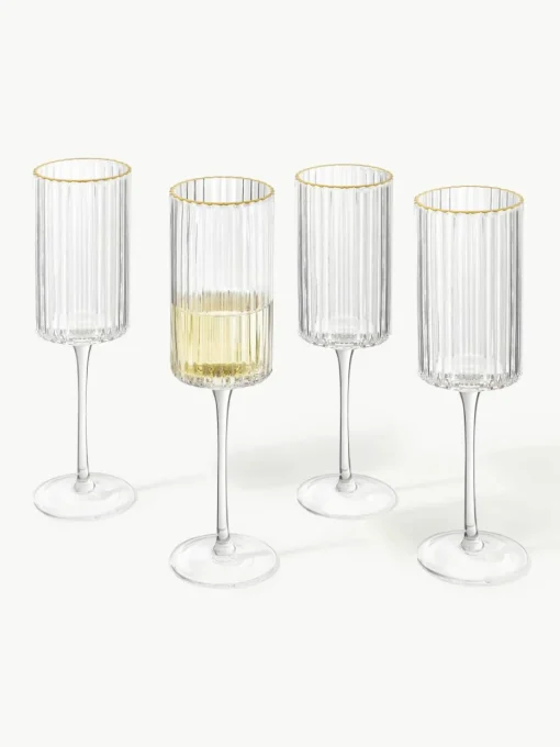 Mondgeblazen champagneglazen Aleo met goudkleurige rand, 4 stuks