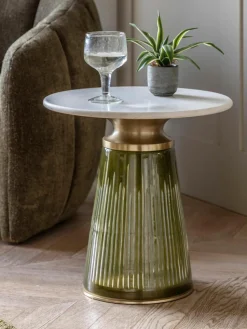 Mondgeblazen glazen bijzettafel Seville met marmeren tafelblad, rond