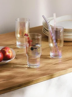 Mondgeblazen longdrinkglas Juno met groefreliëf en paarlemoer glans, 4 stuks