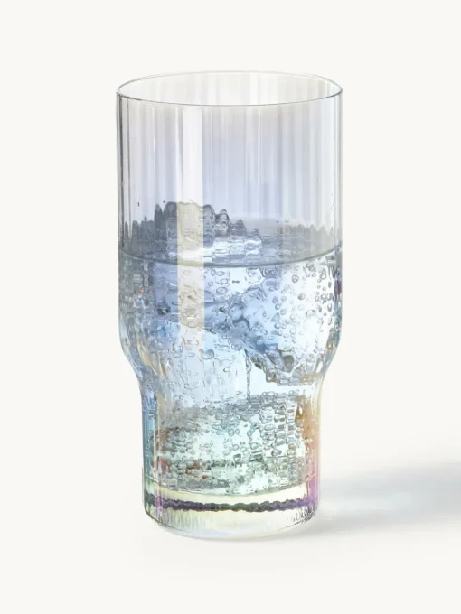Mondgeblazen longdrinkglas Juno met groefreliëf en paarlemoer glans, 4 stuks