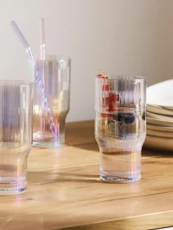 Mondgeblazen longdrinkglas Juno met groefreliëf en paarlemoer glans, 4 stuks