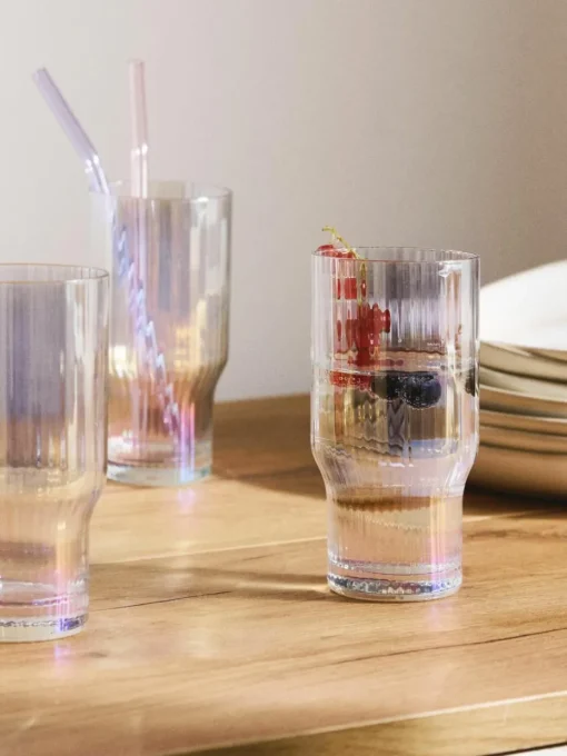 Mondgeblazen longdrinkglas Juno met groefreliëf en paarlemoer glans, 4 stuks