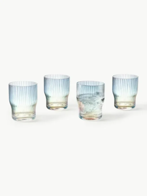 Mondgeblazen waterglazen Juno met groefreliëf en paarlemoer glans, 4 stuks