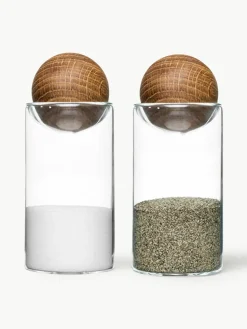 Mondgeblazen zout- en peperstrooier Nature met houten deksel, set van 2