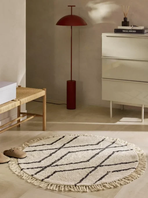 Rond katoenen vloerkleed Bina met ruitjesmotief, handgetuft