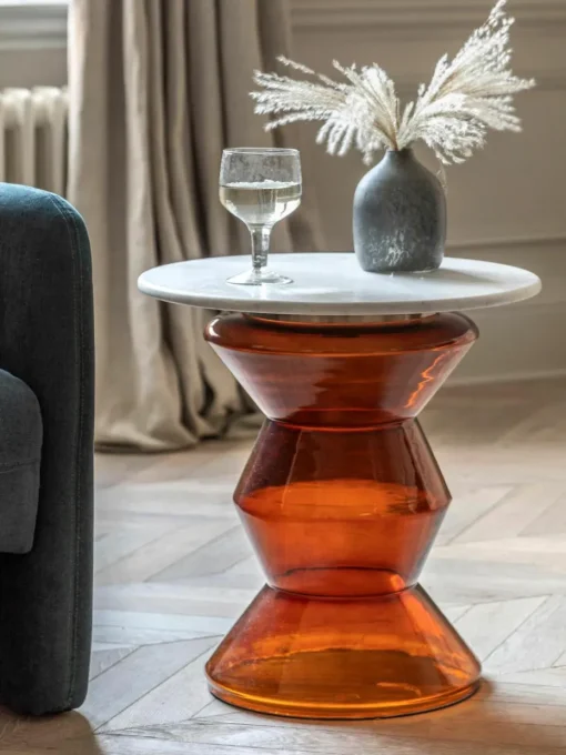 Ronde bijzettafel Turin van glas en marmer, mondgeblazen