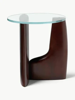 Ronde houten bijzettafel Miya met glazen tafelblad
