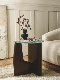 Ronde houten bijzettafel Miya met glazen tafelblad