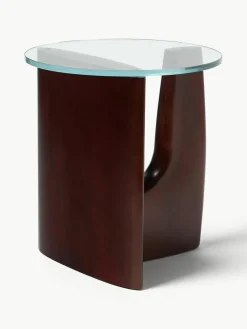 Ronde houten bijzettafel Miya met glazen tafelblad