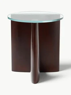 Ronde houten bijzettafel Miya met glazen tafelblad