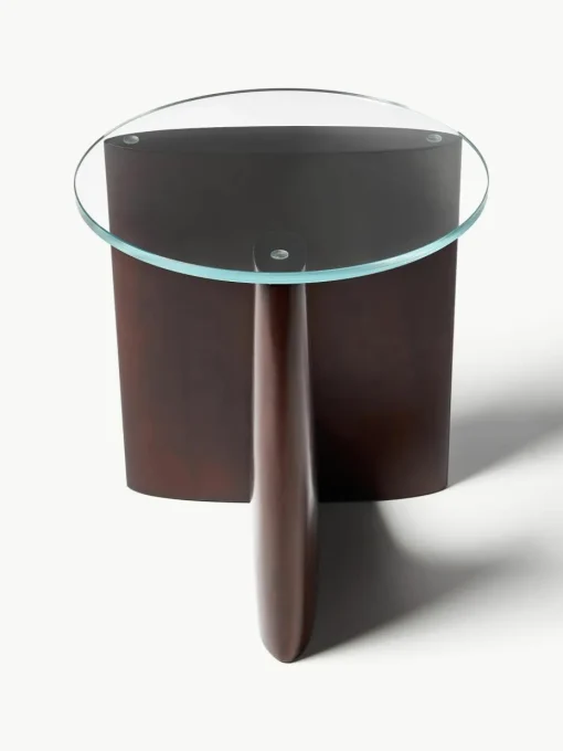 Ronde houten bijzettafel Miya met glazen tafelblad
