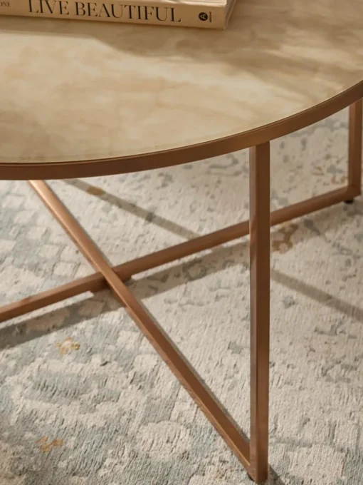 Ronde salontafel Antigua met glazen tafelblad in marmerlook