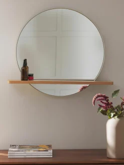 Ronde wandspiegel Kenny met houten plank