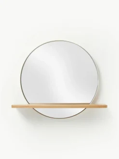 Ronde wandspiegel Kenny met houten plank