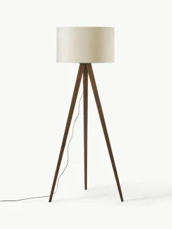 Tripod vloerlamp Jake van massief hout met fluwelen lampenkap