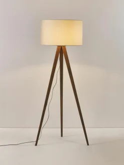 Tripod vloerlamp Jake van massief hout met fluwelen lampenkap