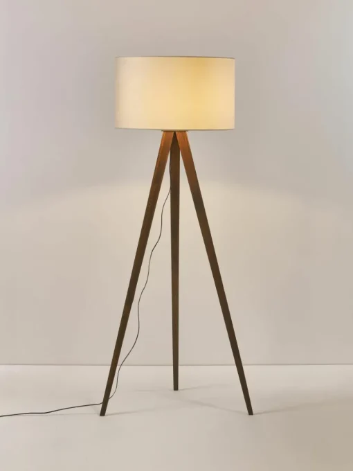 Tripod vloerlamp Jake van massief hout met fluwelen lampenkap