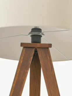 Tripod vloerlamp Jake van massief hout met fluwelen lampenkap