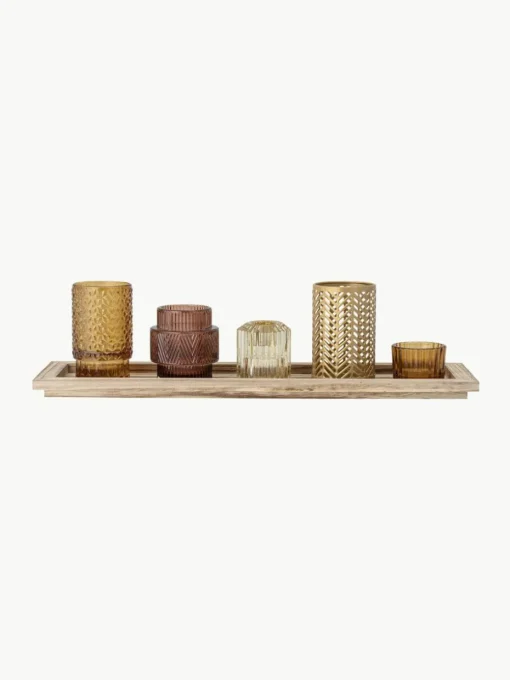 Windlichten Elviena met houten dienblad, set van 6